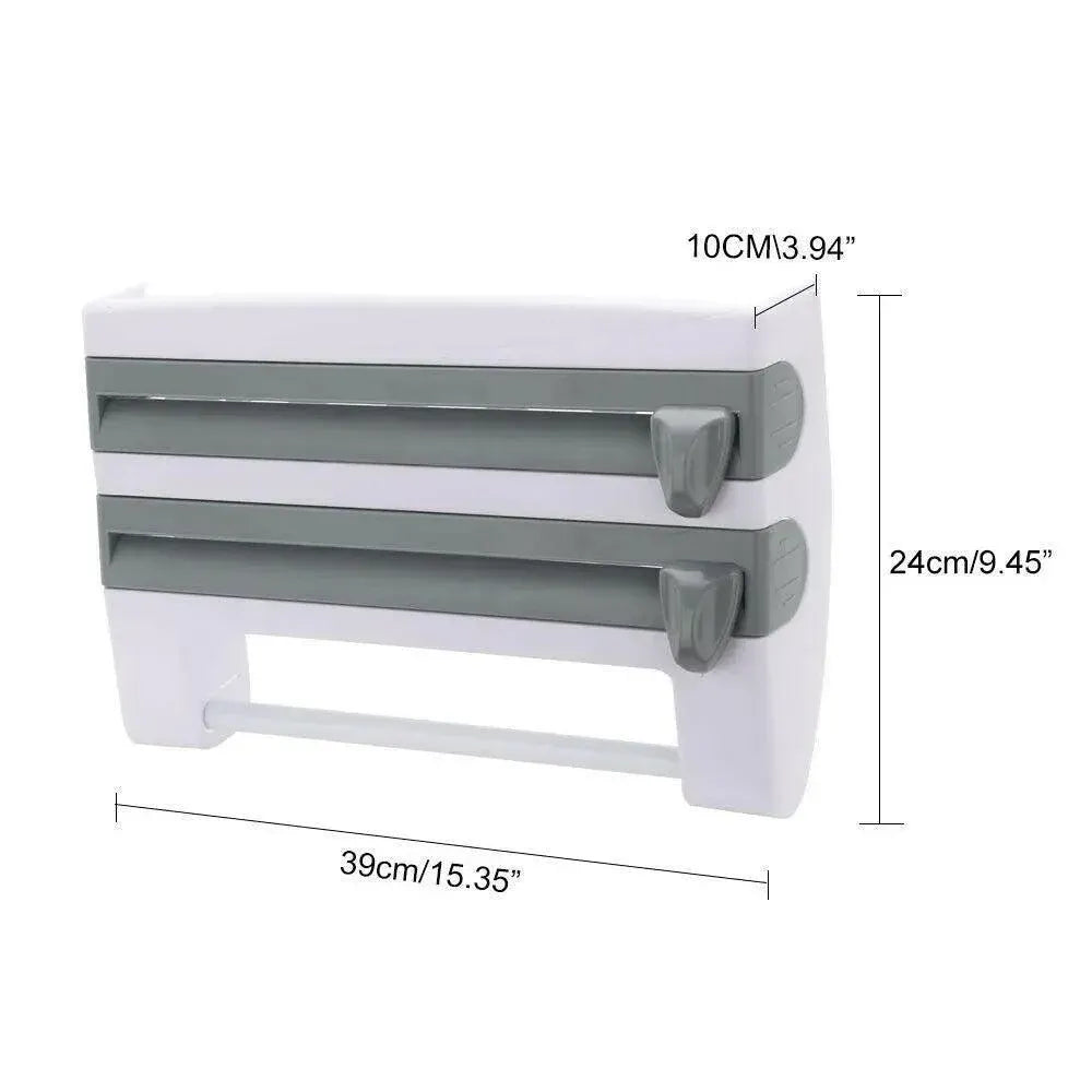 4In1 Wall Mount Kitchen Holder Foil Towel Roll Cling Wrap Rack Dispenser Cutter - Khaki