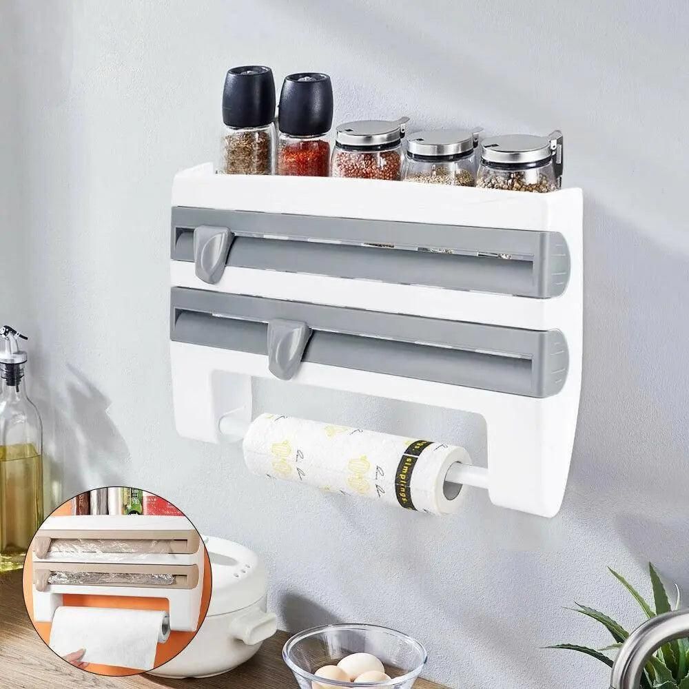 4In1 Wall Mount Kitchen Holder Foil Towel Roll Cling Wrap Rack Dispenser Cutter - Khaki