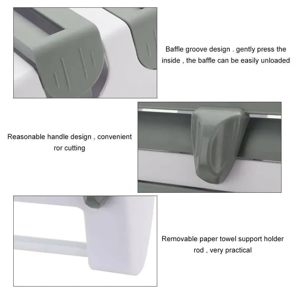 4In1 Wall Mount Kitchen Holder Foil Towel Roll Cling Wrap Rack Dispenser Cutter - Khaki