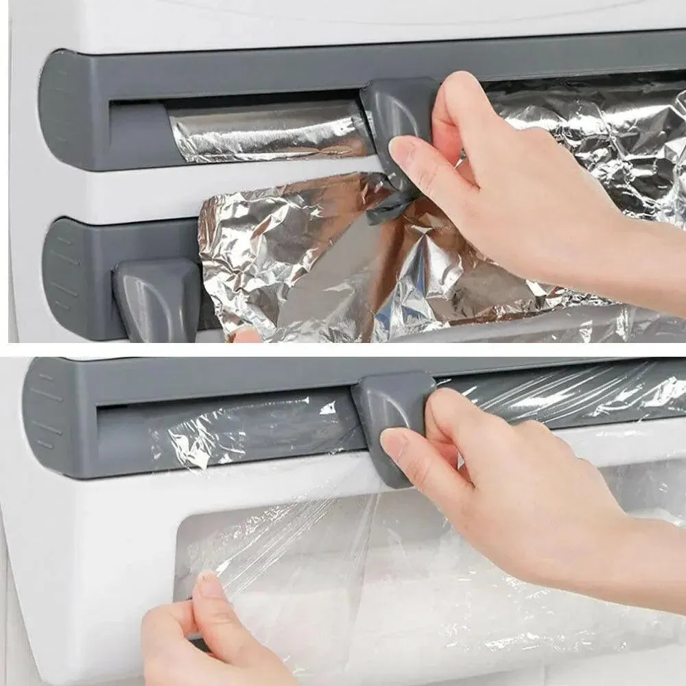 4In1 Wall Mount Kitchen Holder Foil Towel Roll Cling Wrap Rack Dispenser Cutter - Khaki
