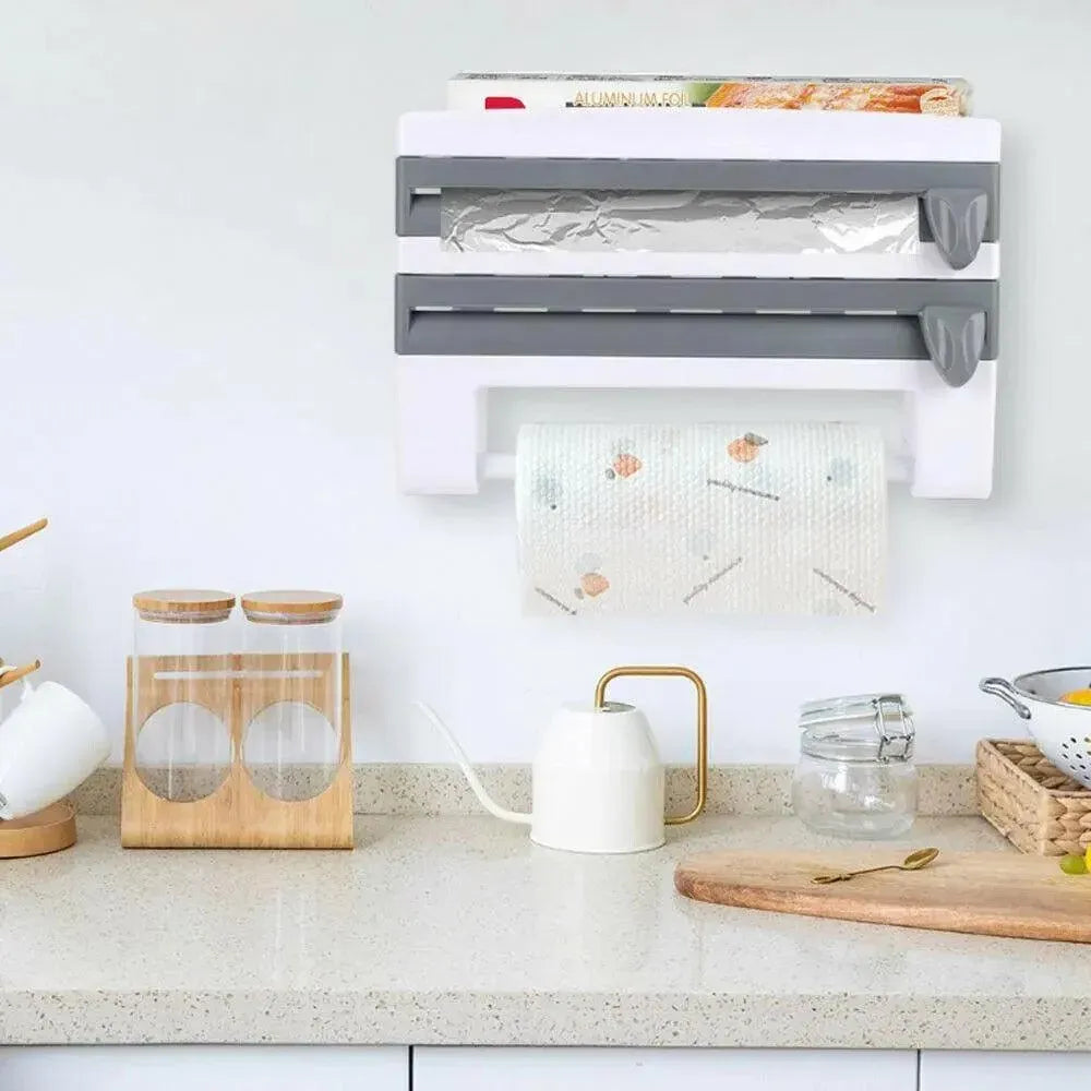4In1 Wall Mount Kitchen Holder Foil Towel Roll Cling Wrap Rack Dispenser Cutter - Khaki