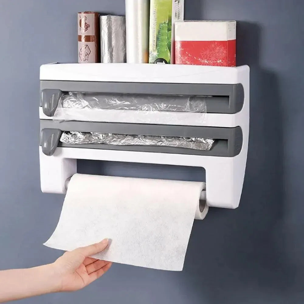 4In1 Wall Mount Kitchen Holder Foil Towel Roll Cling Wrap Rack Dispenser Cutter - Khaki
