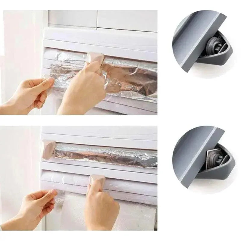 4In1 Wall Mount Kitchen Holder Foil Towel Roll Cling Wrap Rack Dispenser Cutter - Khaki