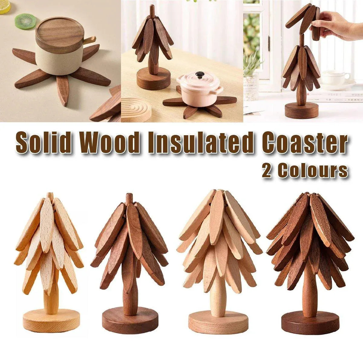 Solid Wooden Trivet for Hot Dish Walnut Christmas Tree Table Heat-Resistant Mat - Brown-4pcs