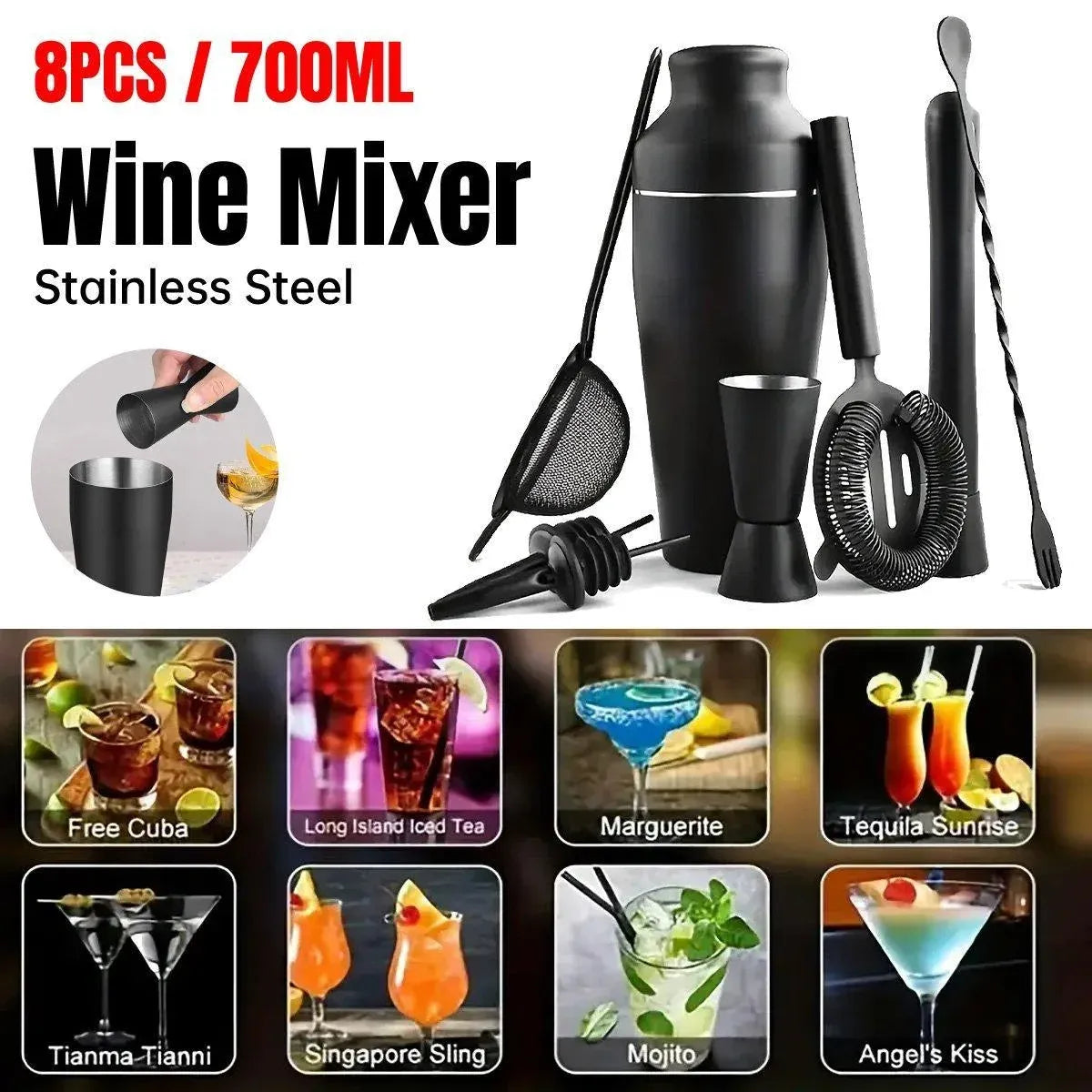 8PCS/700ML Stainless Steel Cocktail Shaker Bartender Tools Set Bar Supplies