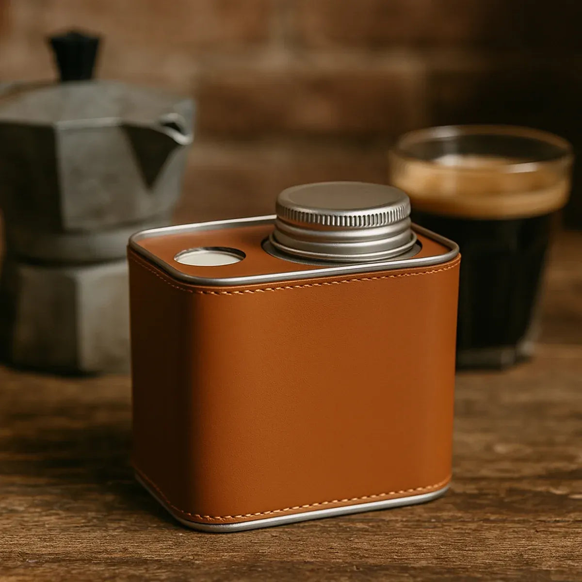 Airtight Coffee Canister Storage Jar Pour Valve Leather 9.6 x 7 x 9.3cm - Black