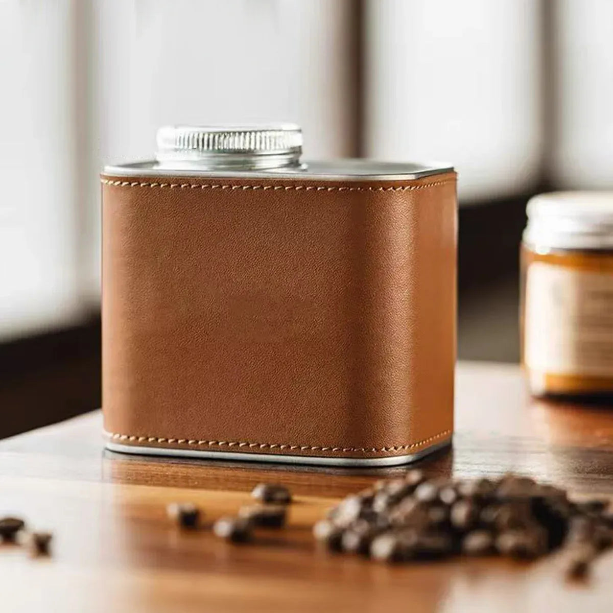 Airtight Coffee Canister Storage Jar Pour Valve Leather 9.6 x 7 x 9.3cm - Brown