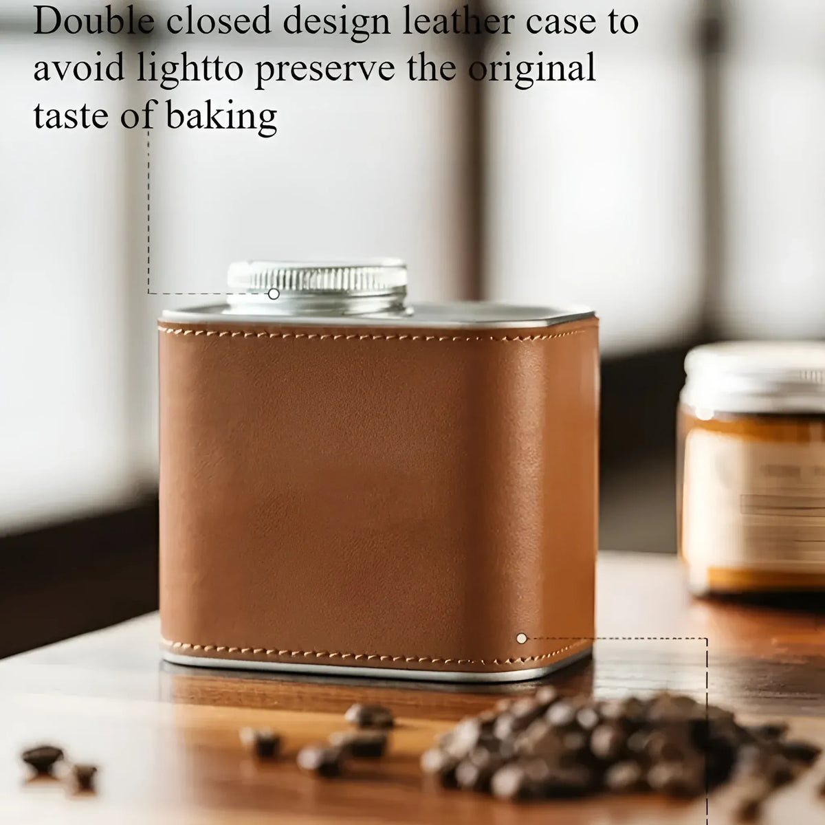 Airtight Coffee Canister Storage Jar Pour Valve Leather 9.6 x 7 x 9.3cm - White