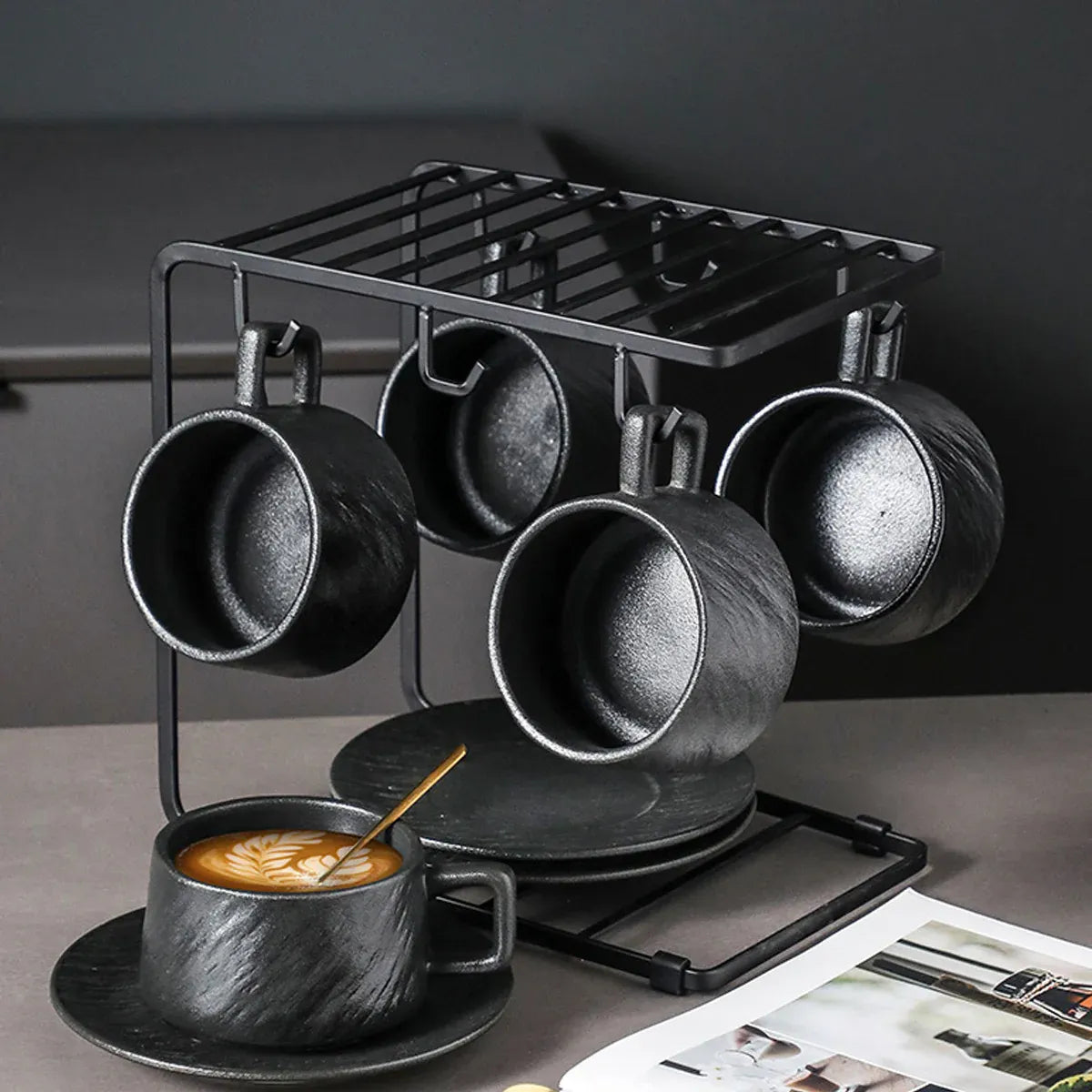 Ceramic Coffee Cup and Saucer Set Simple Tea Mug Breakfast Drinkware Household - Black