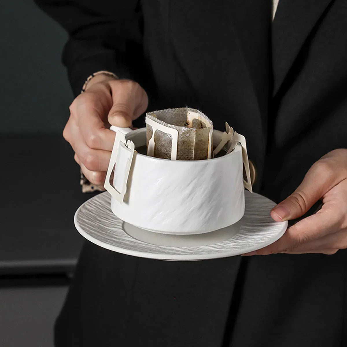 Ceramic Coffee Cup and Saucer Set Simple Tea Mug Breakfast Drinkware Household - Black