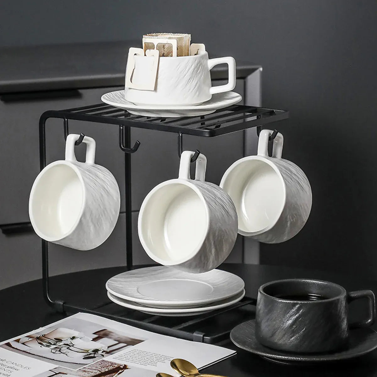 Ceramic Coffee Cup and Saucer Set Simple Tea Mug Breakfast Drinkware Household - Black