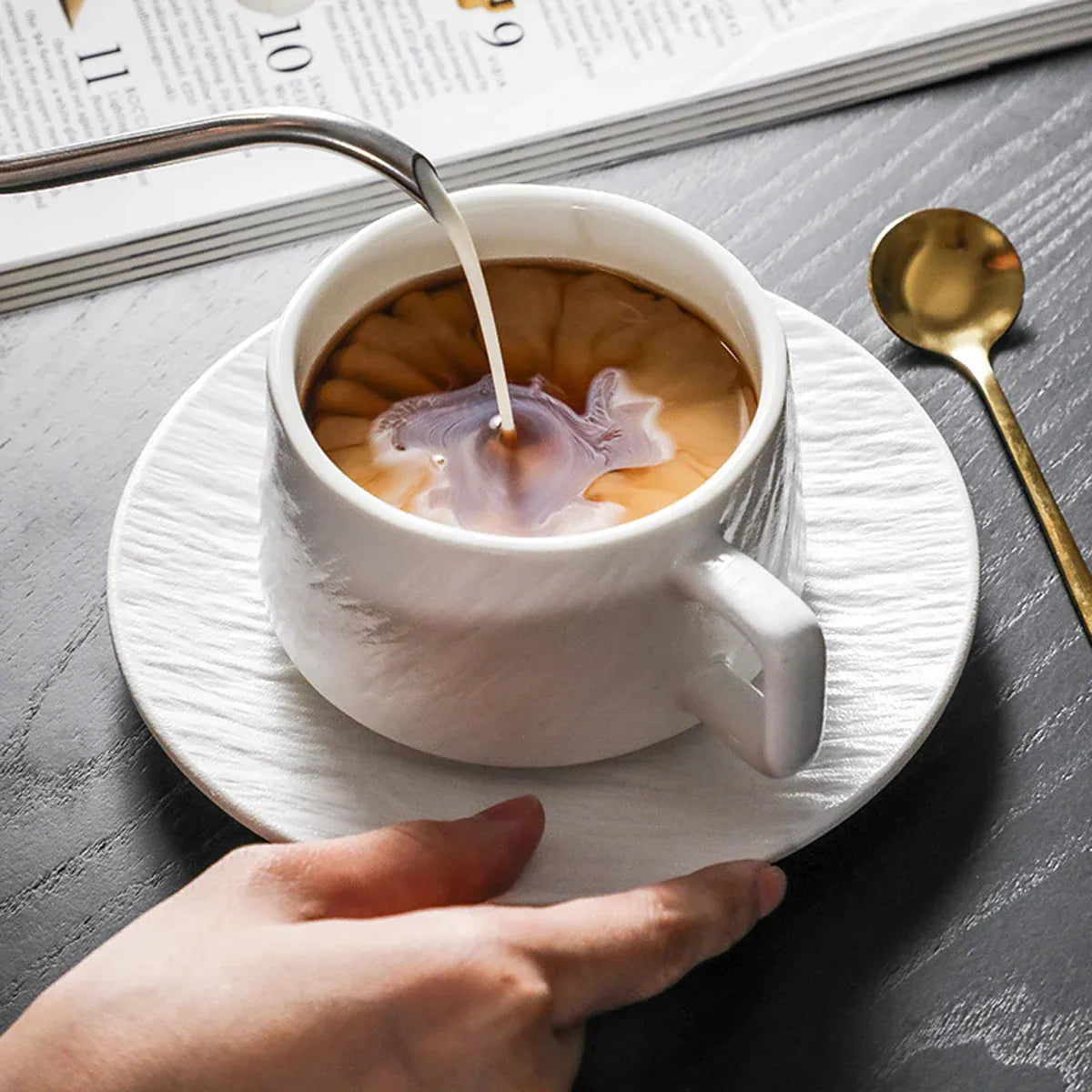 Ceramic Coffee Cup and Saucer Set Simple Tea Mug Breakfast Drinkware Household - Black