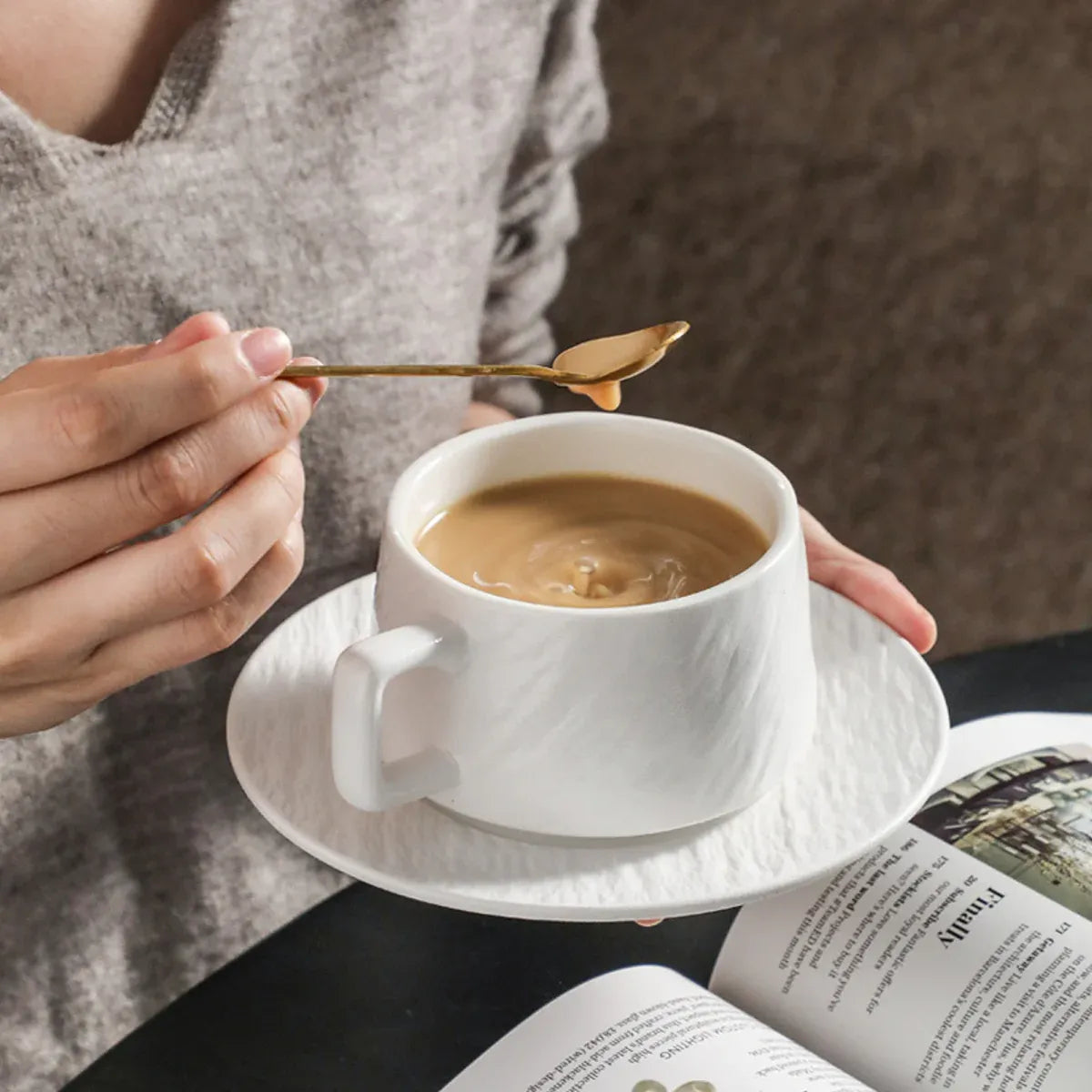 Ceramic Coffee Cup and Saucer Set Simple Tea Mug Breakfast Drinkware Household - White