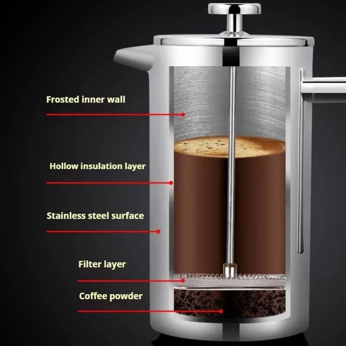 French Press Coffee Pot 600ml 304 Stainless Steel for Home Office Tea Coffee
