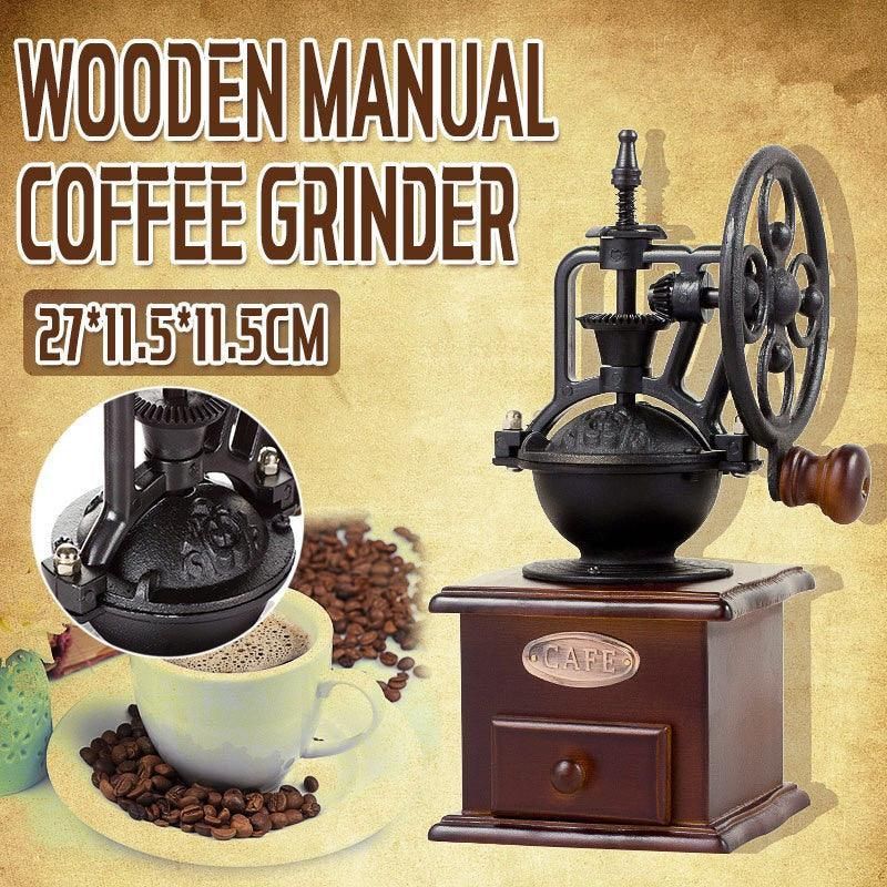 Vintage Manual Coffee Grinder with Wooden Base and Cast Iron Crank