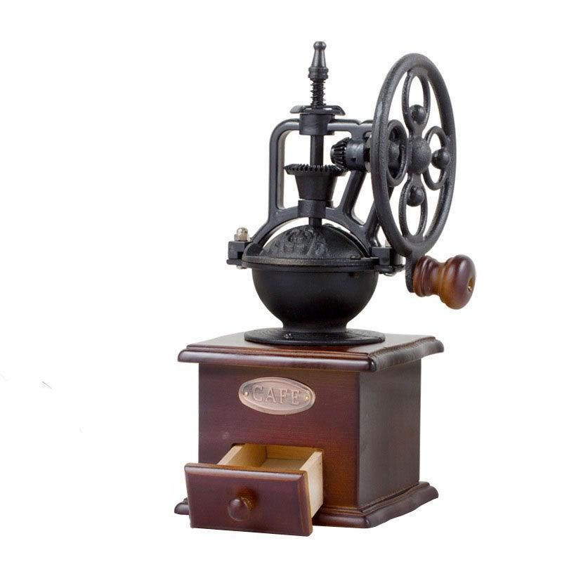 Vintage Manual Coffee Grinder with Wooden Base and Cast Iron Crank