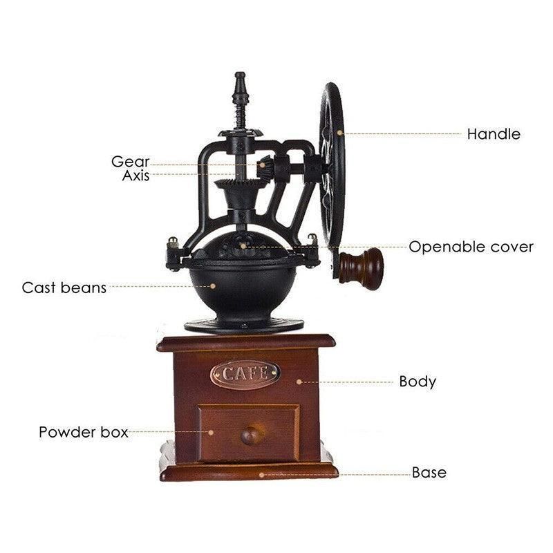 Vintage Manual Coffee Grinder with Wooden Base and Cast Iron Crank