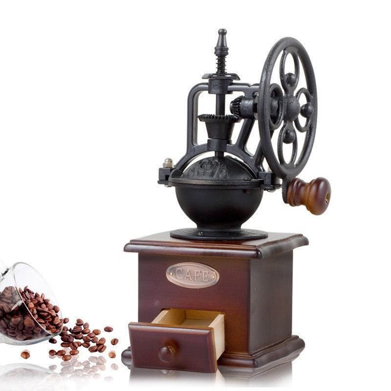 Vintage Manual Coffee Grinder with Wooden Base and Cast Iron Crank