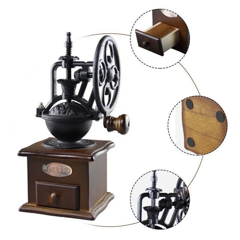 Vintage Manual Coffee Grinder with Wooden Base and Cast Iron Crank