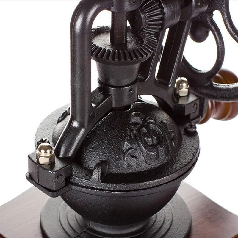 Vintage Manual Coffee Grinder with Wooden Base and Cast Iron Crank