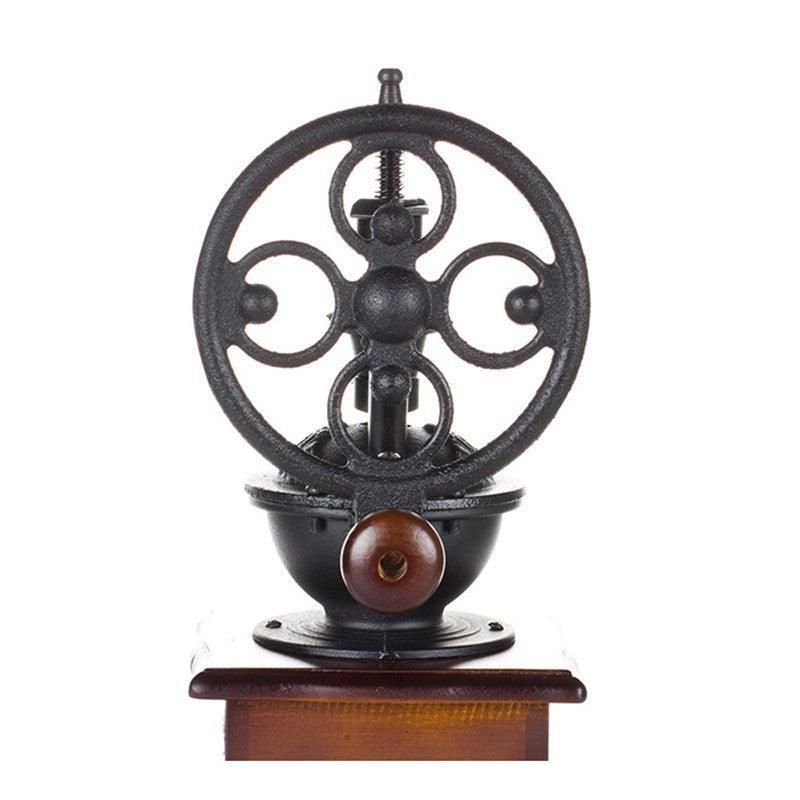 Vintage Manual Coffee Grinder with Wooden Base and Cast Iron Crank