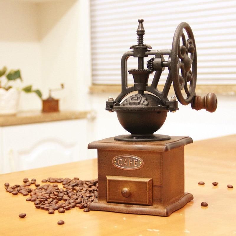Vintage Manual Coffee Grinder with Wooden Base and Cast Iron Crank