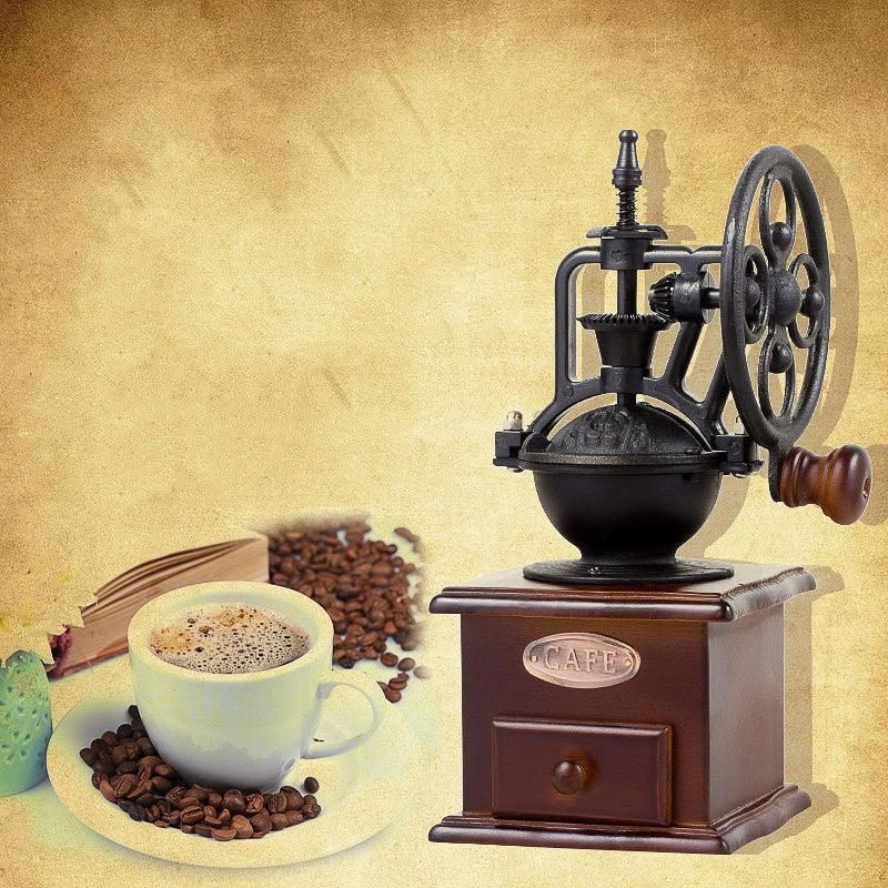 Vintage Manual Coffee Grinder with Wooden Base and Cast Iron Crank