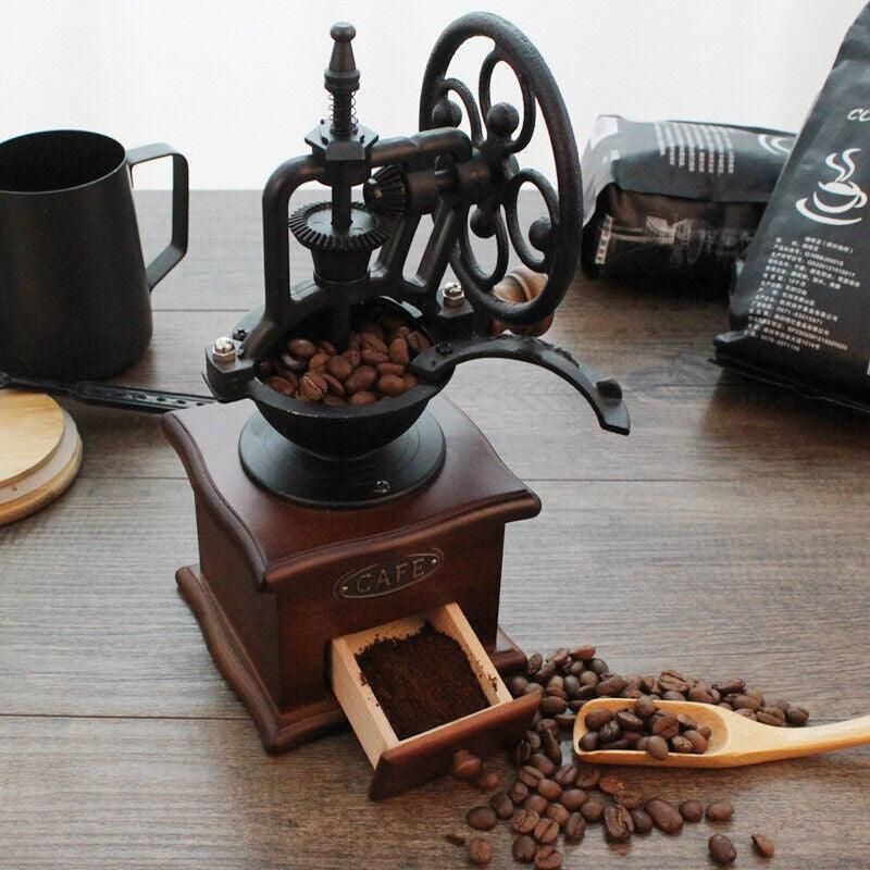 Vintage Manual Coffee Grinder with Wooden Base and Cast Iron Crank