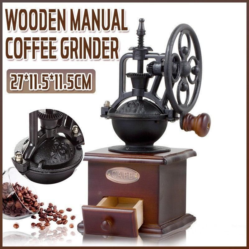 Vintage Manual Coffee Grinder with Wooden Base and Cast Iron Crank