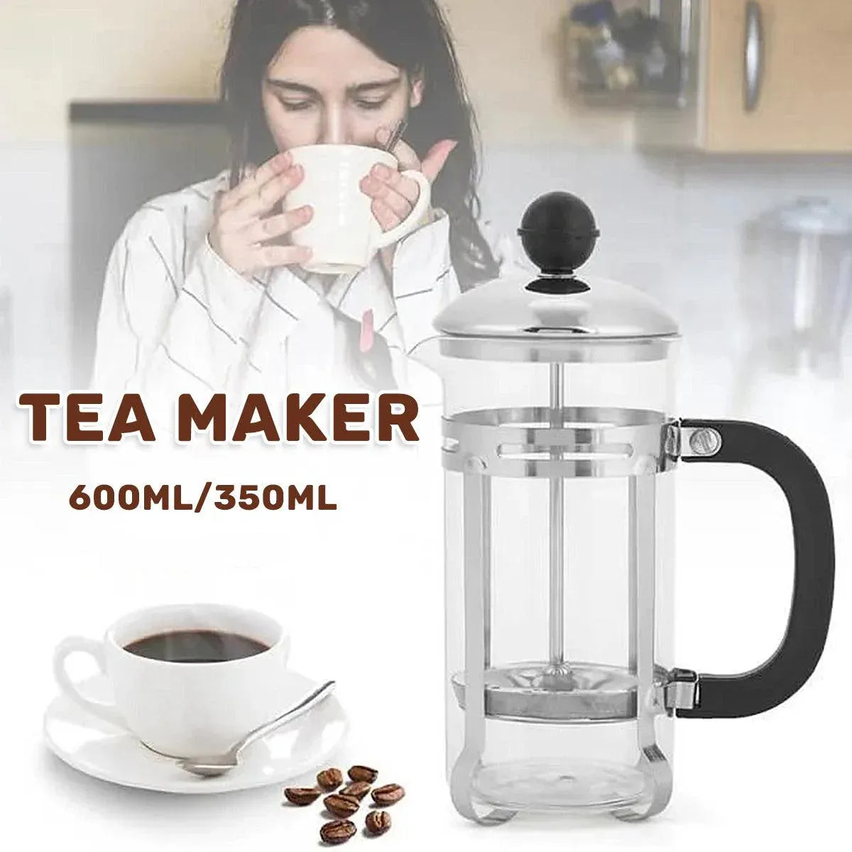 350ml 600ml Stainless Steel Glass French Press Coffee Tea Maker for Home Office - 600ML