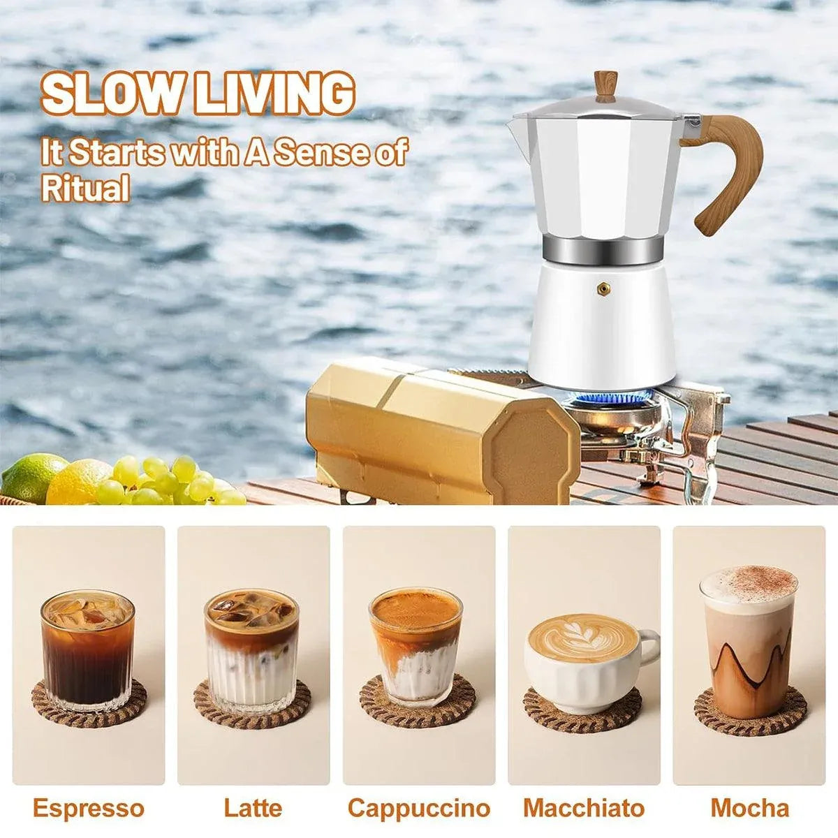 Portable Coffee Maker Wood Grain Handle Outdoor Manual Espresso Machine Camping - Beige-300ml