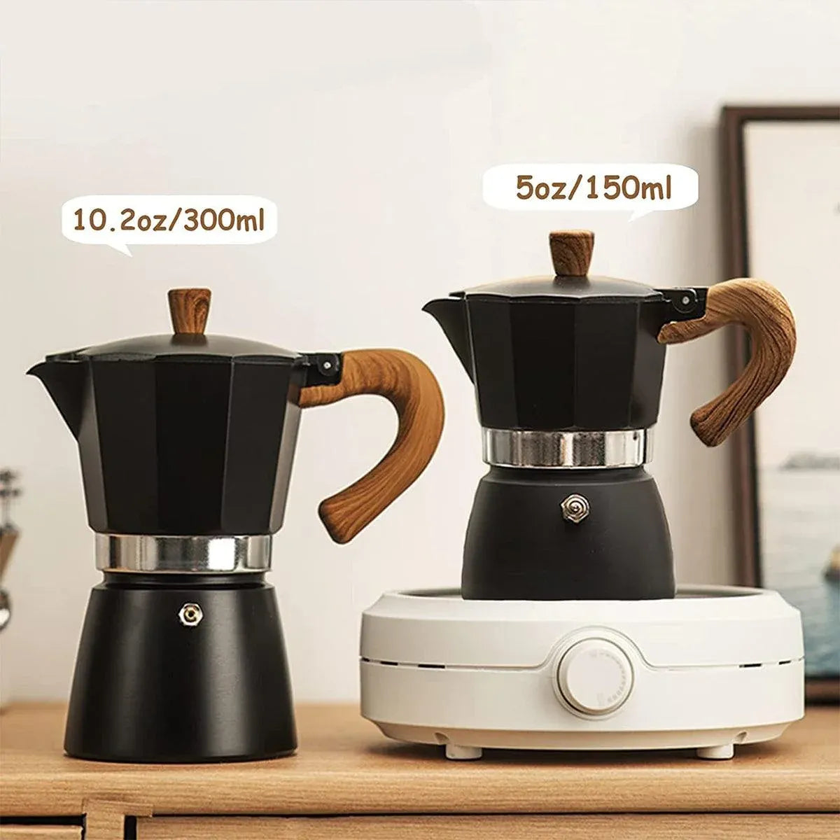 Portable Coffee Maker Wood Grain Handle Outdoor Manual Espresso Machine Camping - Beige-300ml