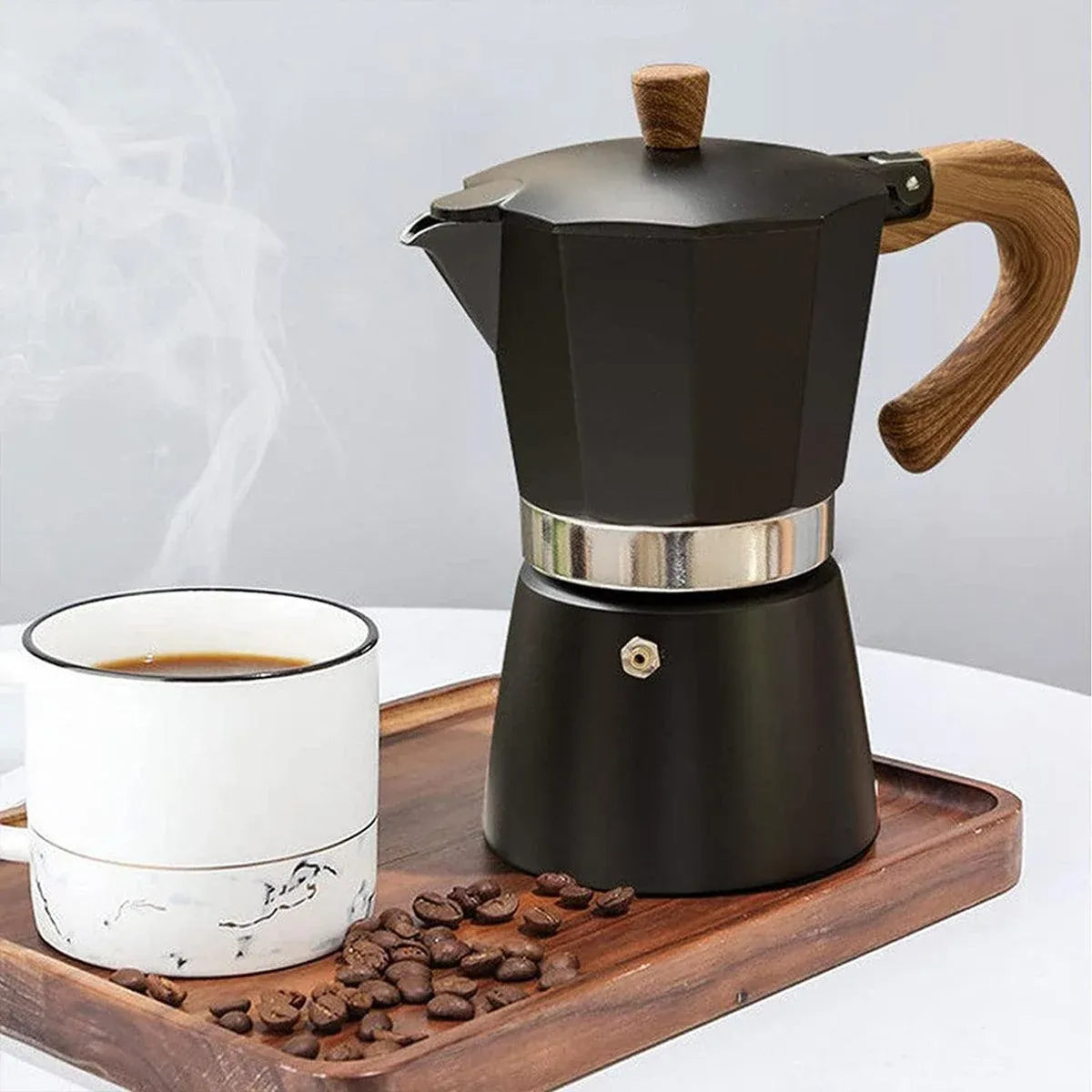 Portable Coffee Maker Wood Grain Handle Outdoor Manual Espresso Machine Camping - Beige-300ml