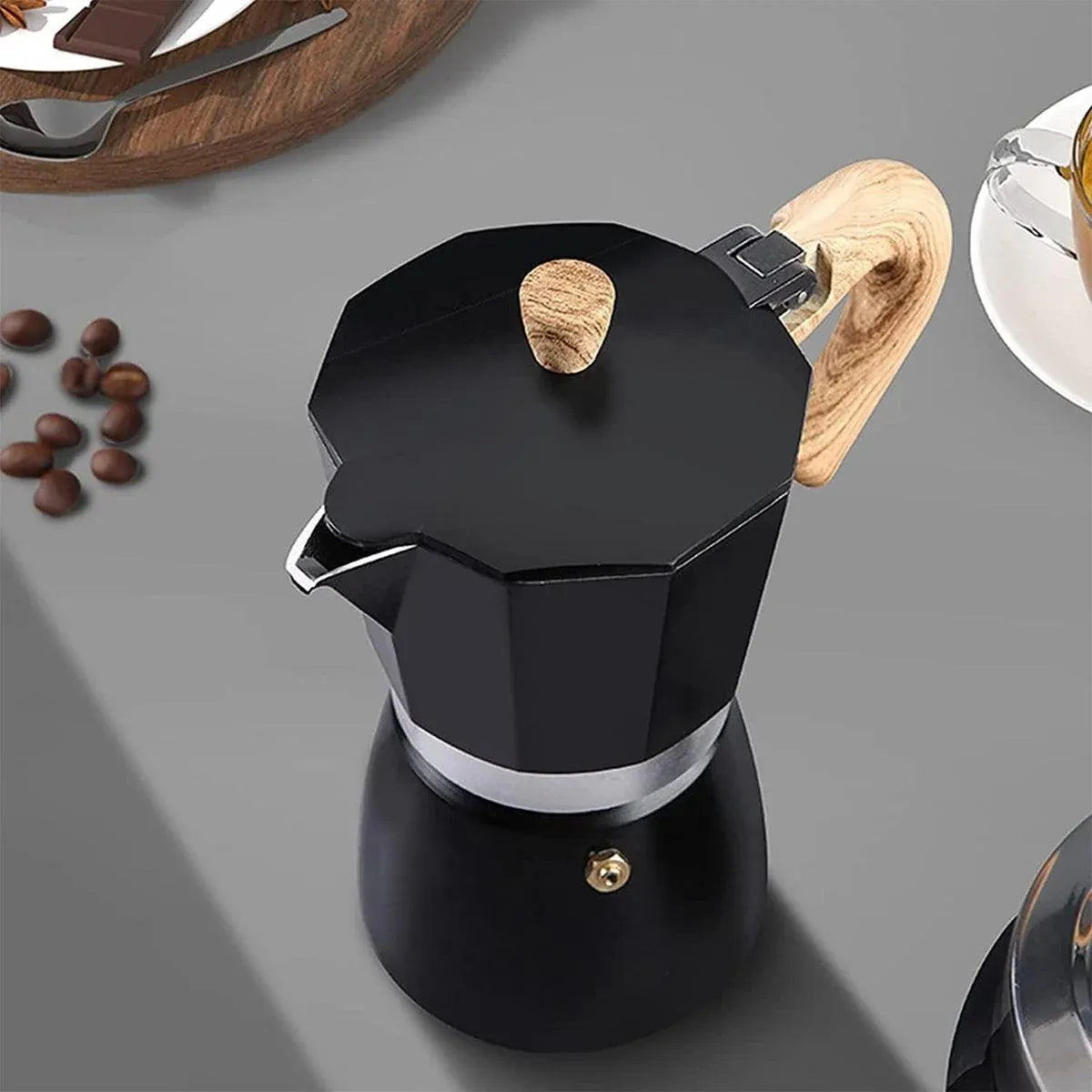 Portable Coffee Maker Wood Grain Handle Outdoor Manual Espresso Machine Camping - Beige-300ml