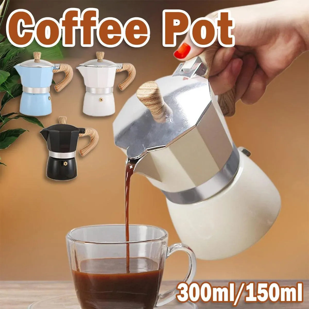 Portable Coffee Maker Wood Grain Handle Outdoor Manual Espresso Machine Camping - Beige-300ml