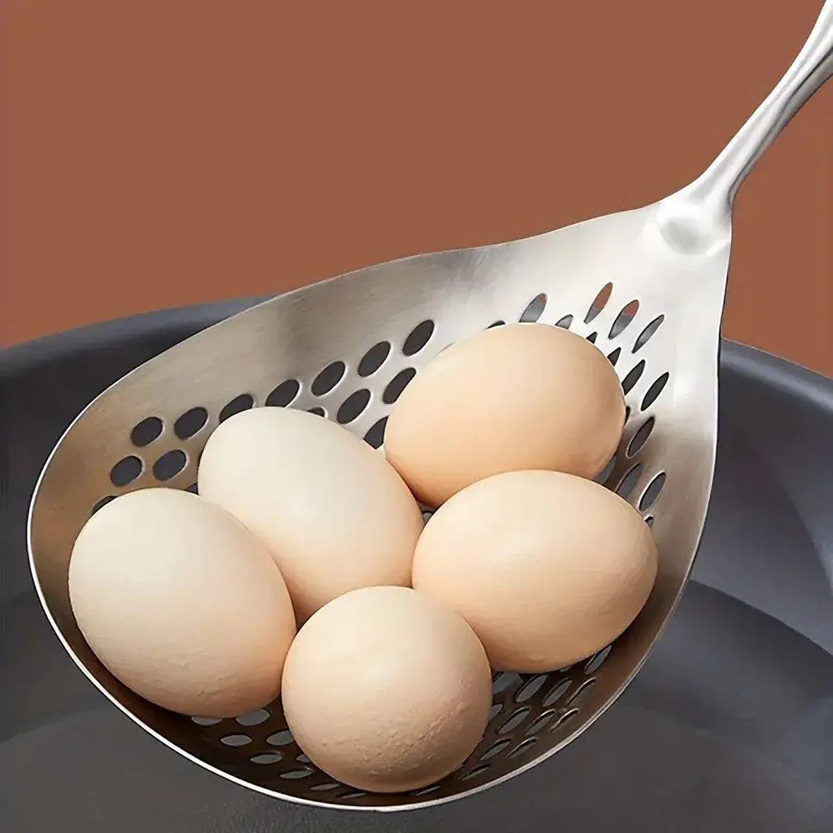 304 Stainless Steel Kitchen Colander Long Handle Noodle Dumpling Strainer Spoon - Yellow wood