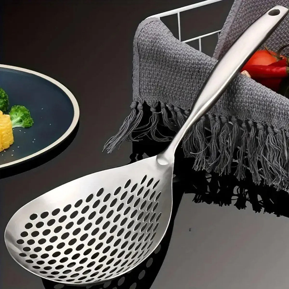 304 Stainless Steel Kitchen Colander Long Handle Noodle Dumpling Strainer Spoon - Yellow wood