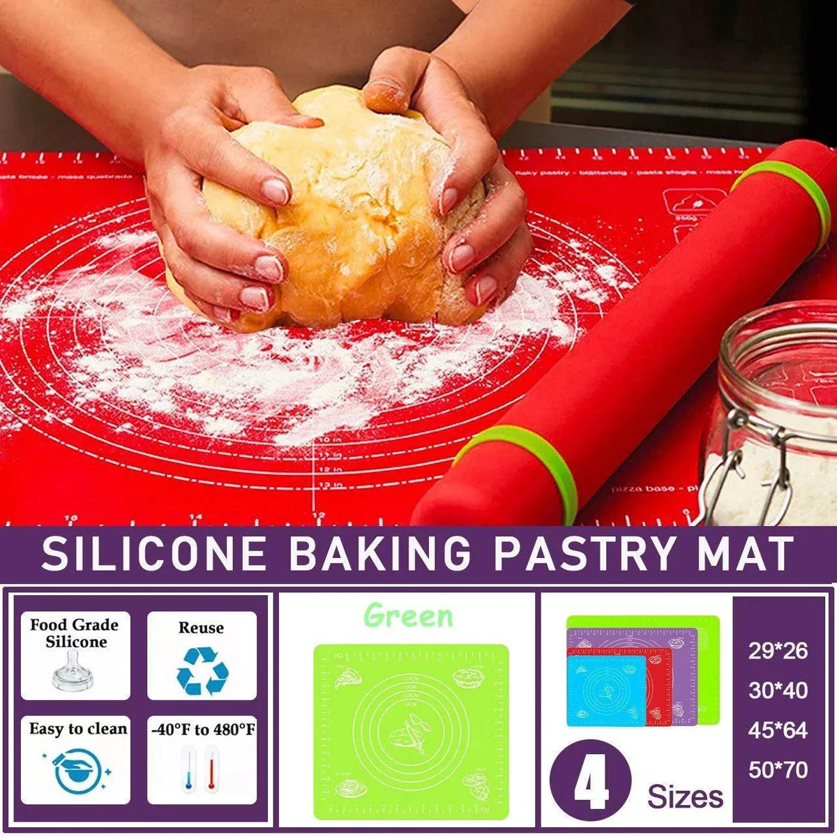 Green Reusable Non-Stick Silicone Rolling Dough Mat Cake Pastry Baking Fondant Sheet - 29*26cm