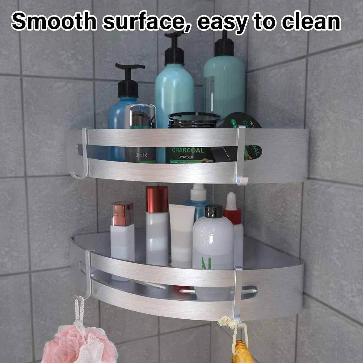 Wall Mounted Bathroom Shelf Triangle Corner Shower Storage Rack for Toiletries - Single layer with rod