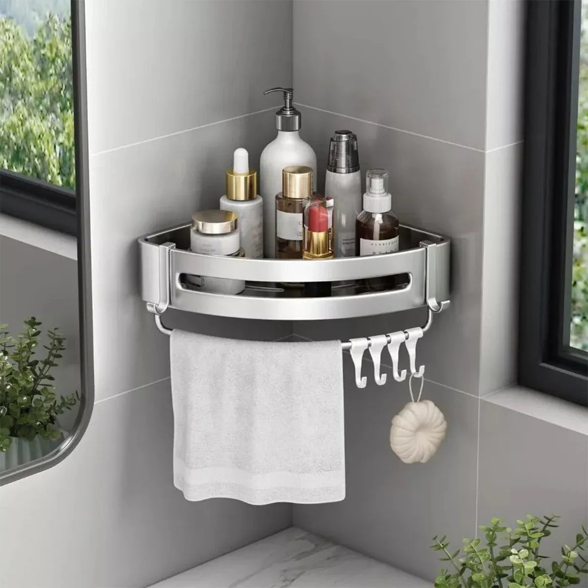 Wall Mounted Bathroom Shelf Triangle Corner Shower Storage Rack for Toiletries - Single layer with rod