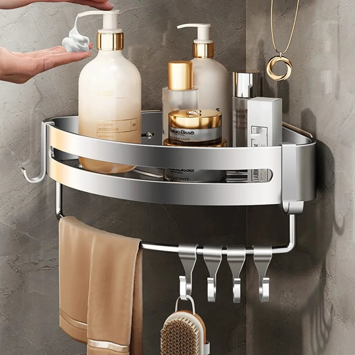 Wall Mounted Bathroom Shelf Triangle Corner Shower Storage Rack for Toiletries - Single layer with rod