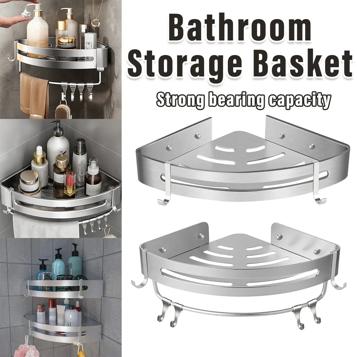 Wall Mounted Bathroom Shelf Triangle Corner Shower Storage Rack for Toiletries - Single layer with rod