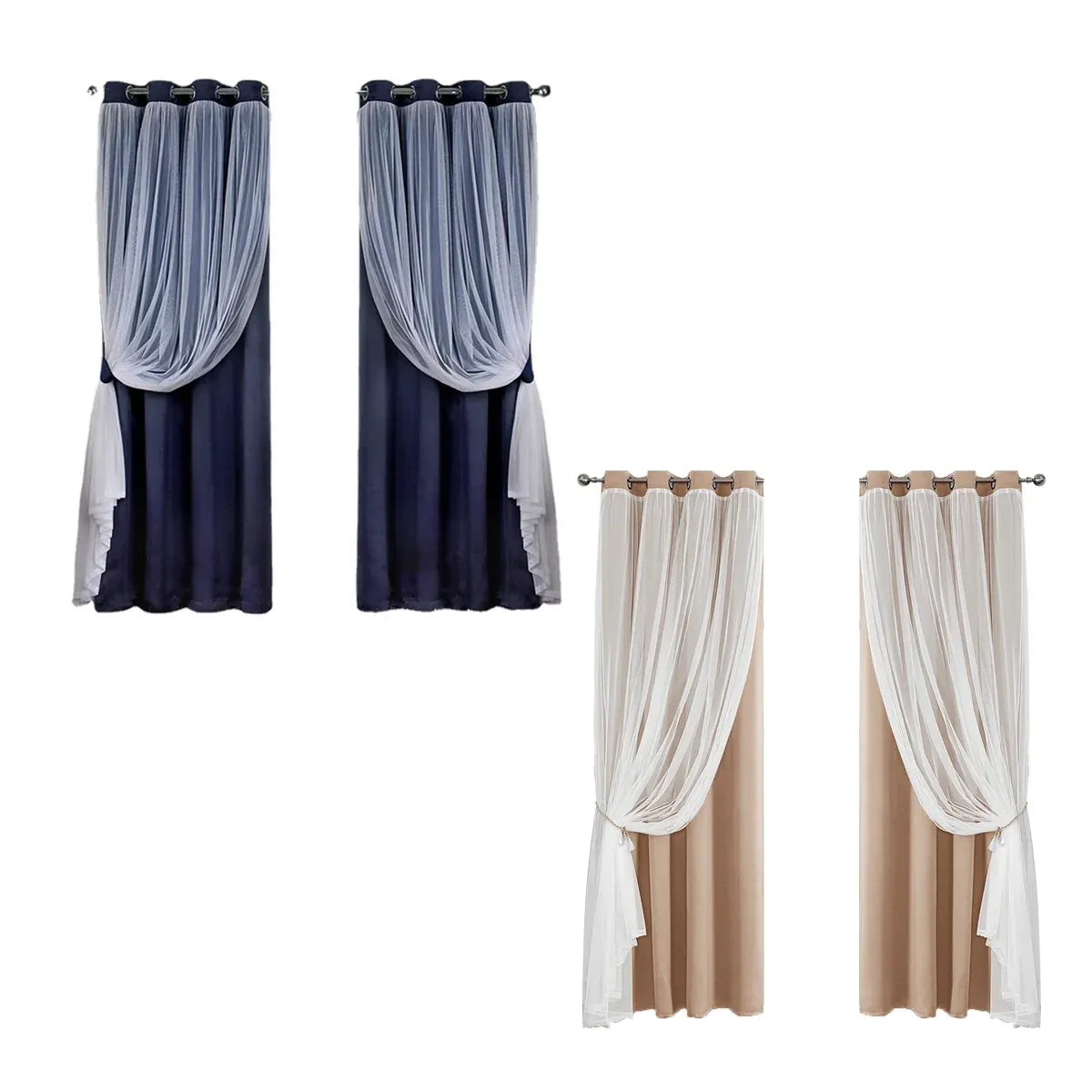 2PCS Double Layer Blackout Curtains With Lace For Bedroom Living Room Window - Blue