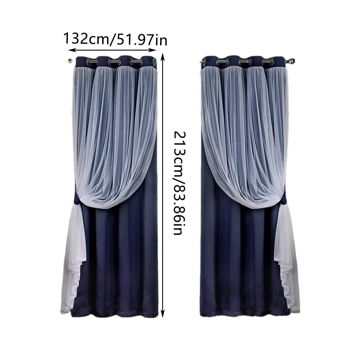 2PCS Double Layer Blackout Curtains With Lace For Bedroom Living Room Window - Blue