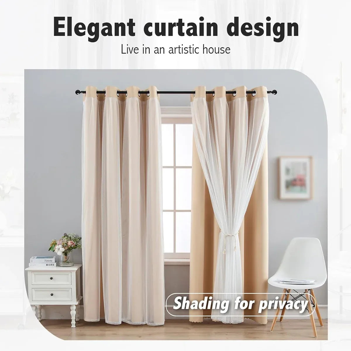 2PCS Double Layer Blackout Curtains With Lace For Bedroom Living Room Window - Blue