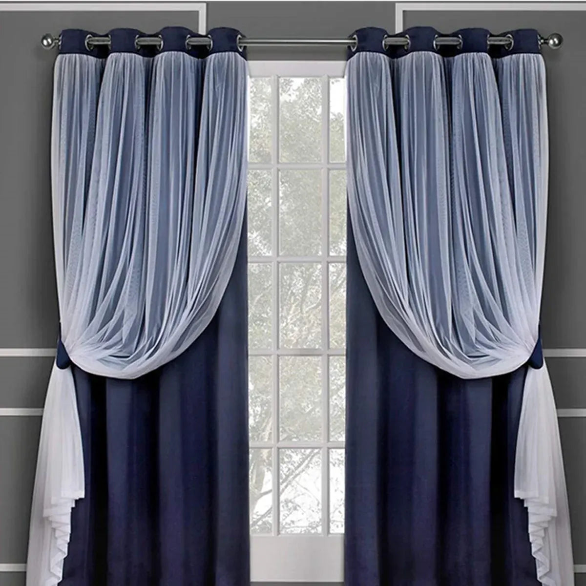 2PCS Double Layer Blackout Curtains With Lace For Bedroom Living Room Window - Blue