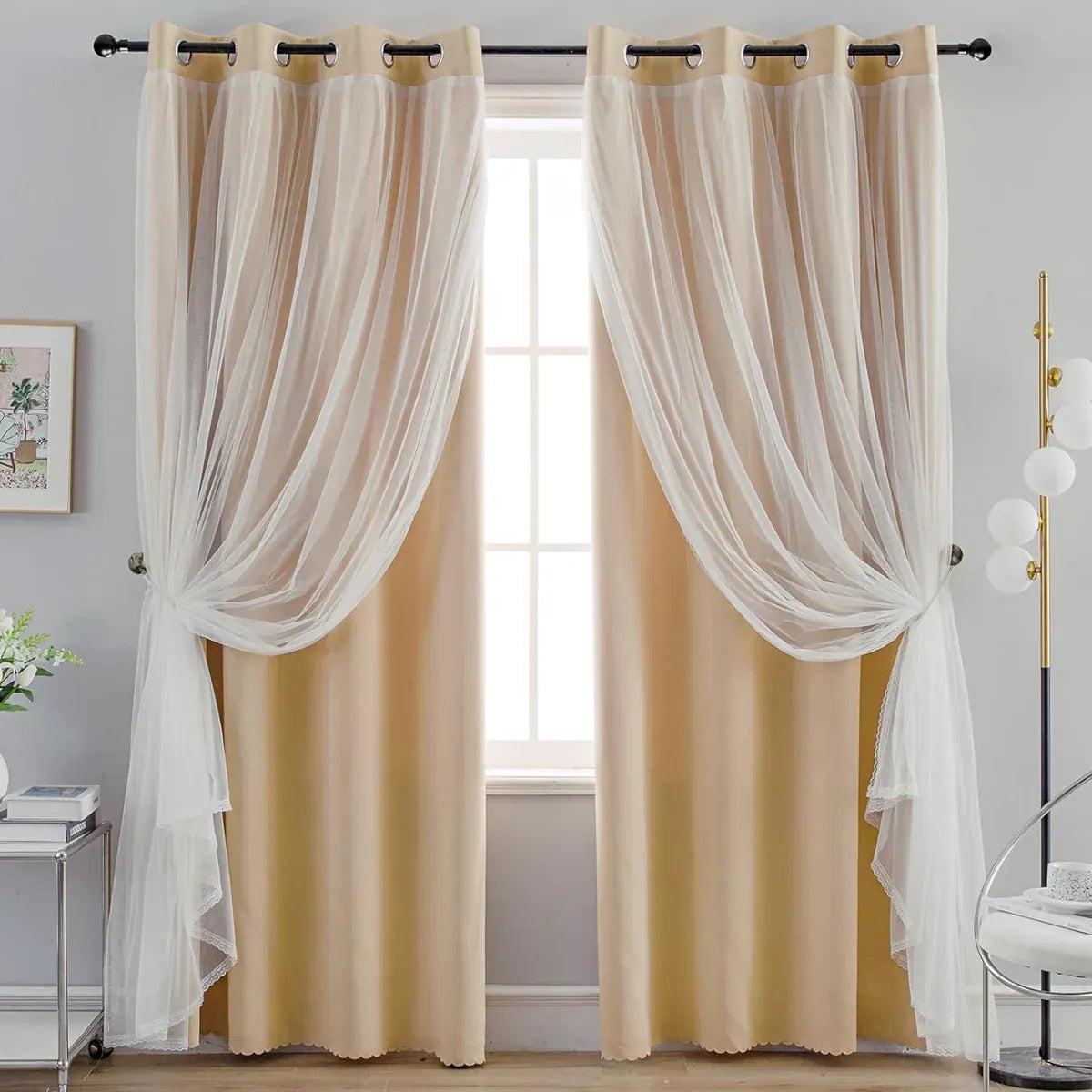 2PCS Double Layer Blackout Curtains With Lace For Bedroom Living Room Window - Blue
