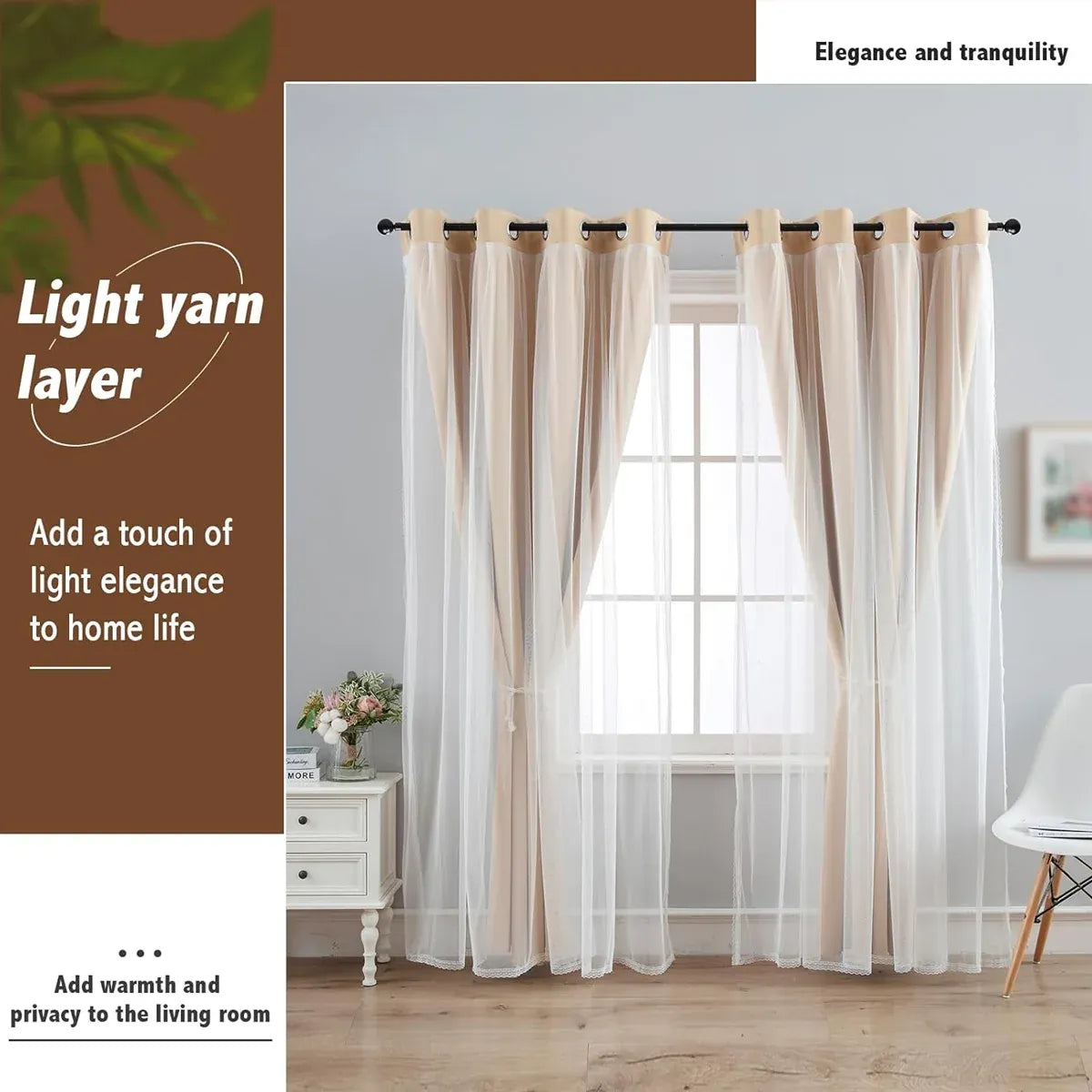 2PCS Double Layer Blackout Curtains With Lace For Bedroom Living Room Window - Blue