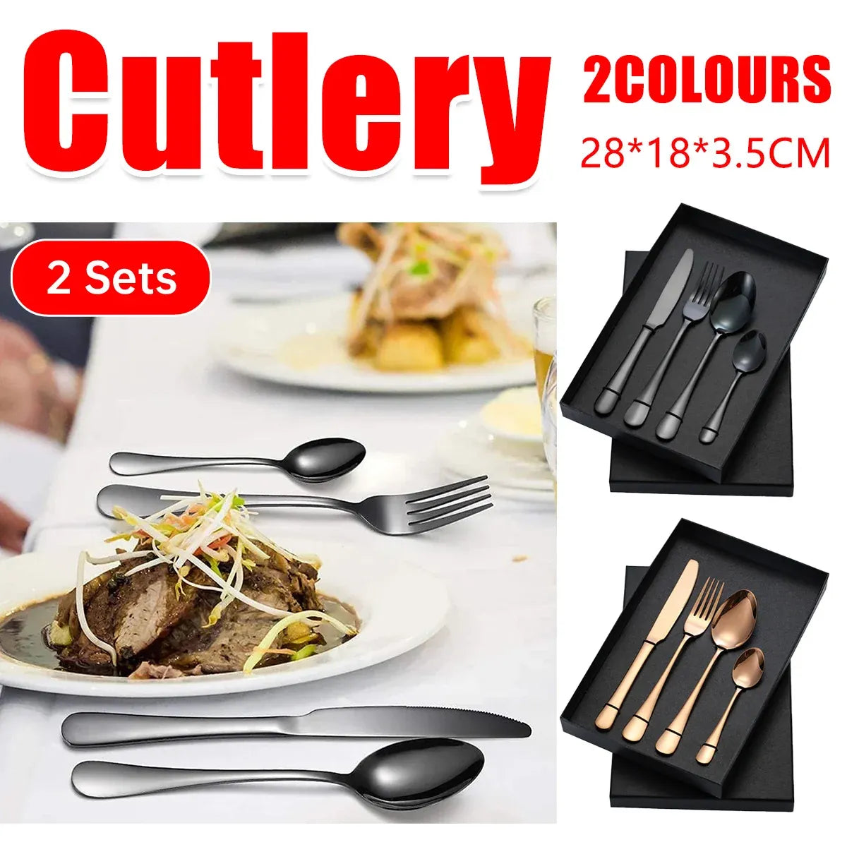 8-Piece Stainless Steel Cutlery Set - 2 Sets of Knife Fork Dinner Spoon Teaspoon - Black