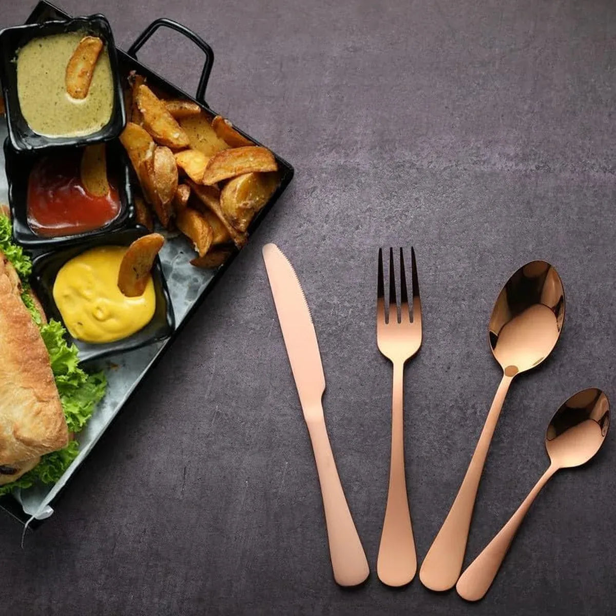 8-Piece Stainless Steel Cutlery Set - 2 Sets of Knife Fork Dinner Spoon Teaspoon - Rose Gold